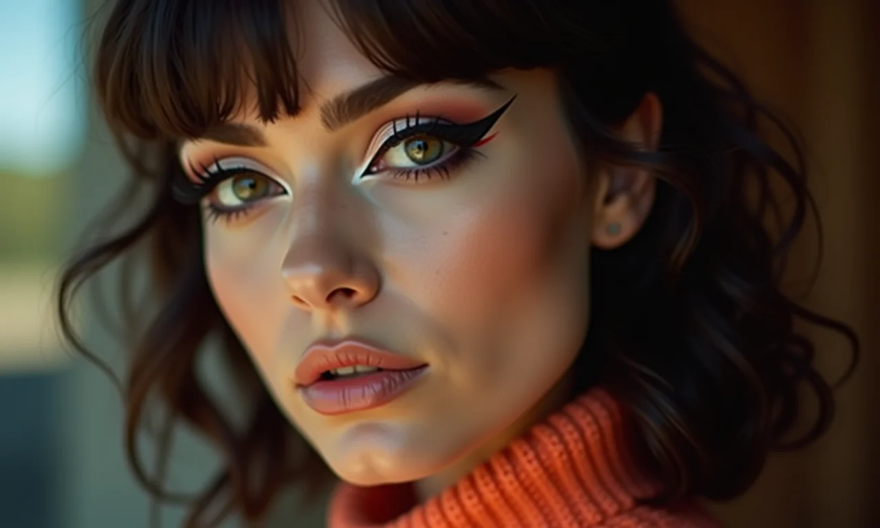 Delineado gráfico e marcante, maquiagem estilo anos 70.