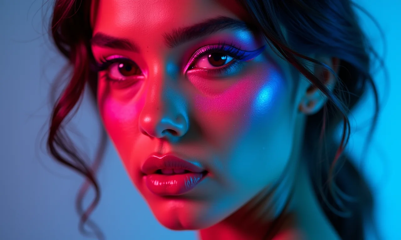 Delineado gráfico rosa neon e azul elétrico em maquiagem cybercore.