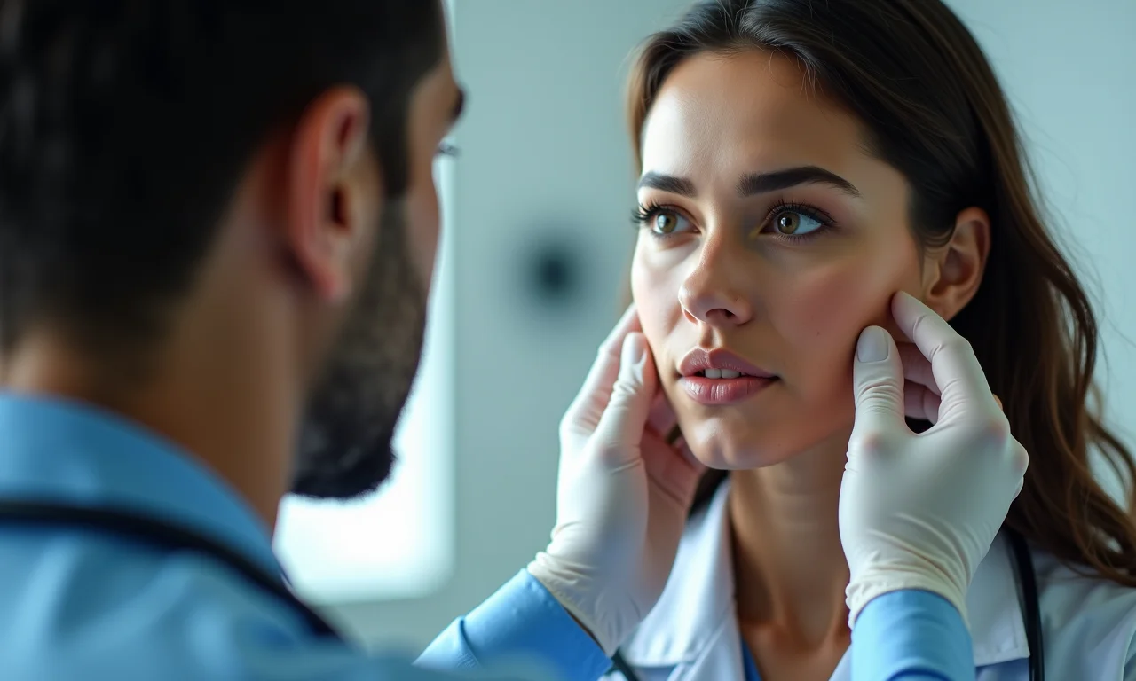Dermatologista examinando olheiras persistentes em paciente.