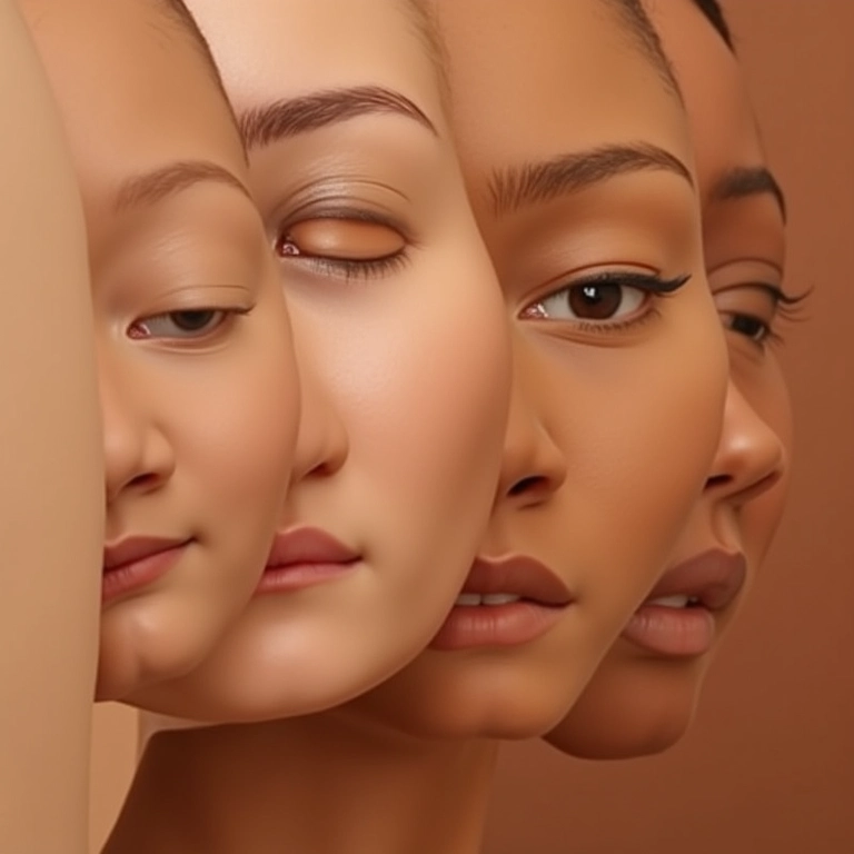 Diferentes tons de pele com bases matte natural, mostrando a importância do subtom.