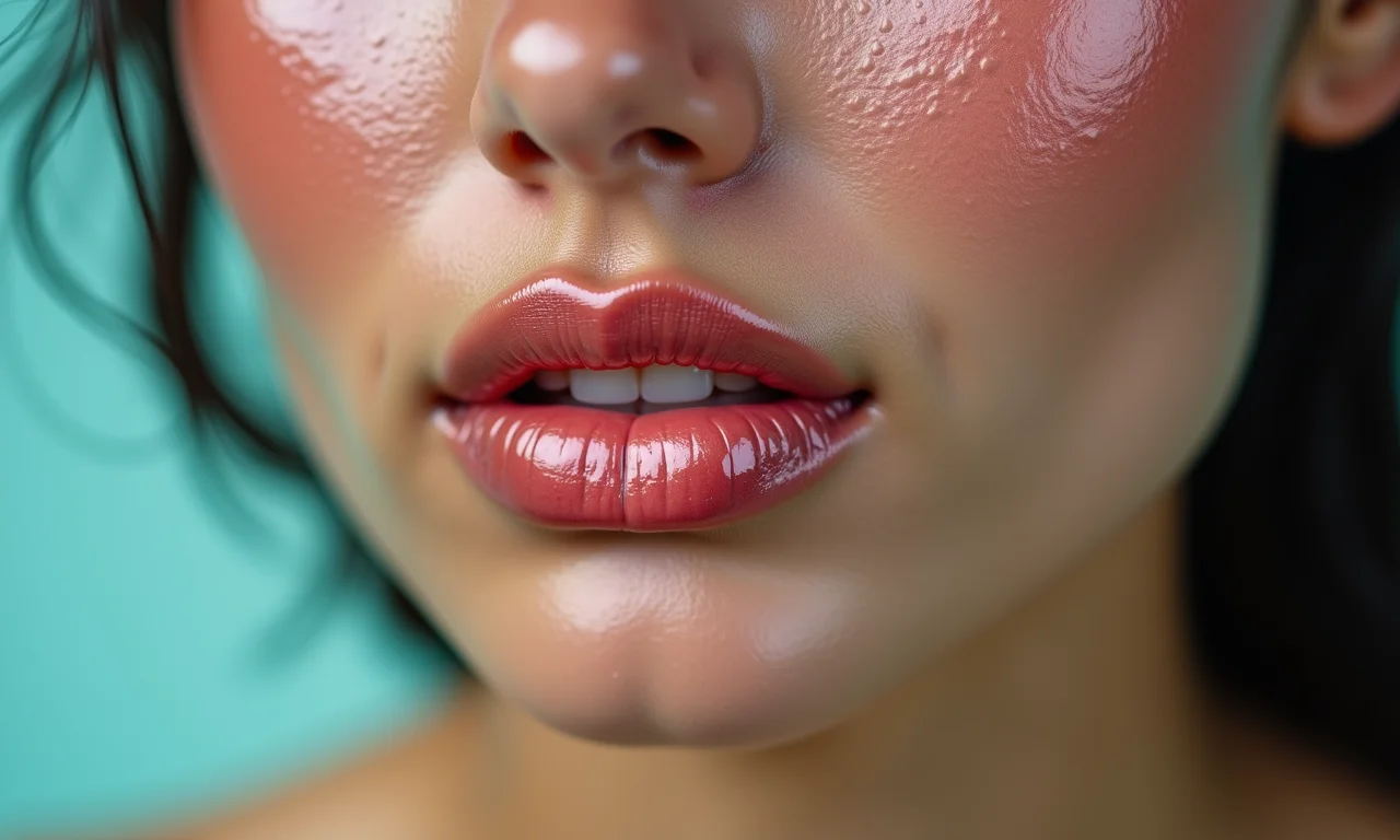 Efeito molhado com gloss labial para maquiagem de sereia, com pele luminosa.