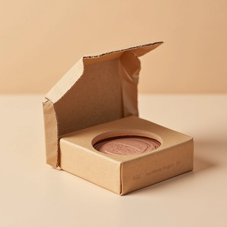 Embalagem sustentável de bronzer mineral vegano em papel kraft com sementes plantáveis.