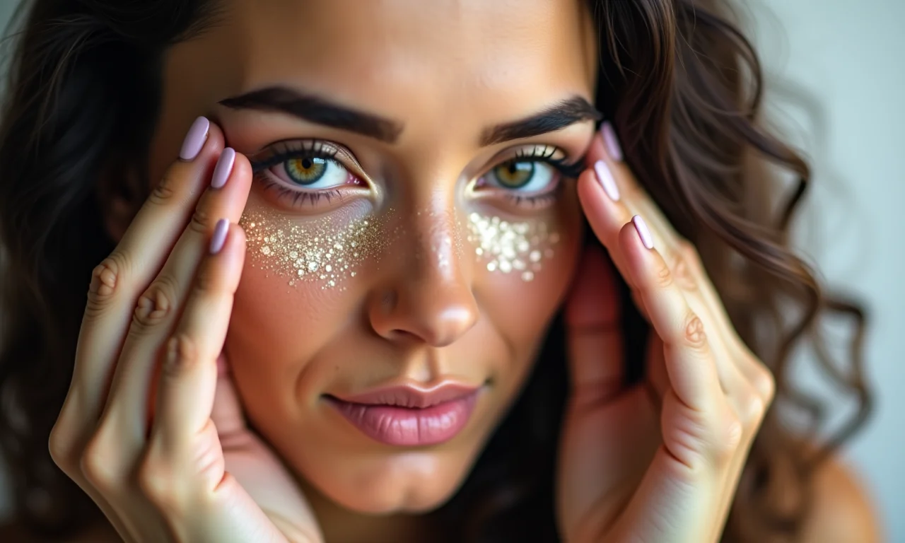 Evitando tocar nos olhos após a aplicação da maquiagem com glitter.