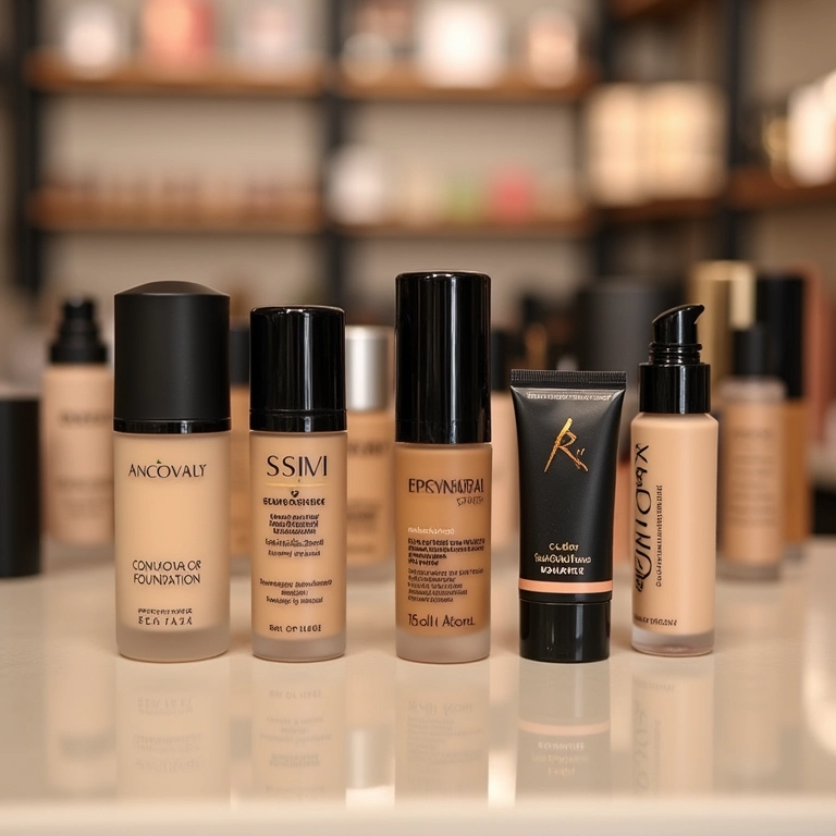 Exposição de marcas confiáveis de base não comedogênica em loja de cosméticos.