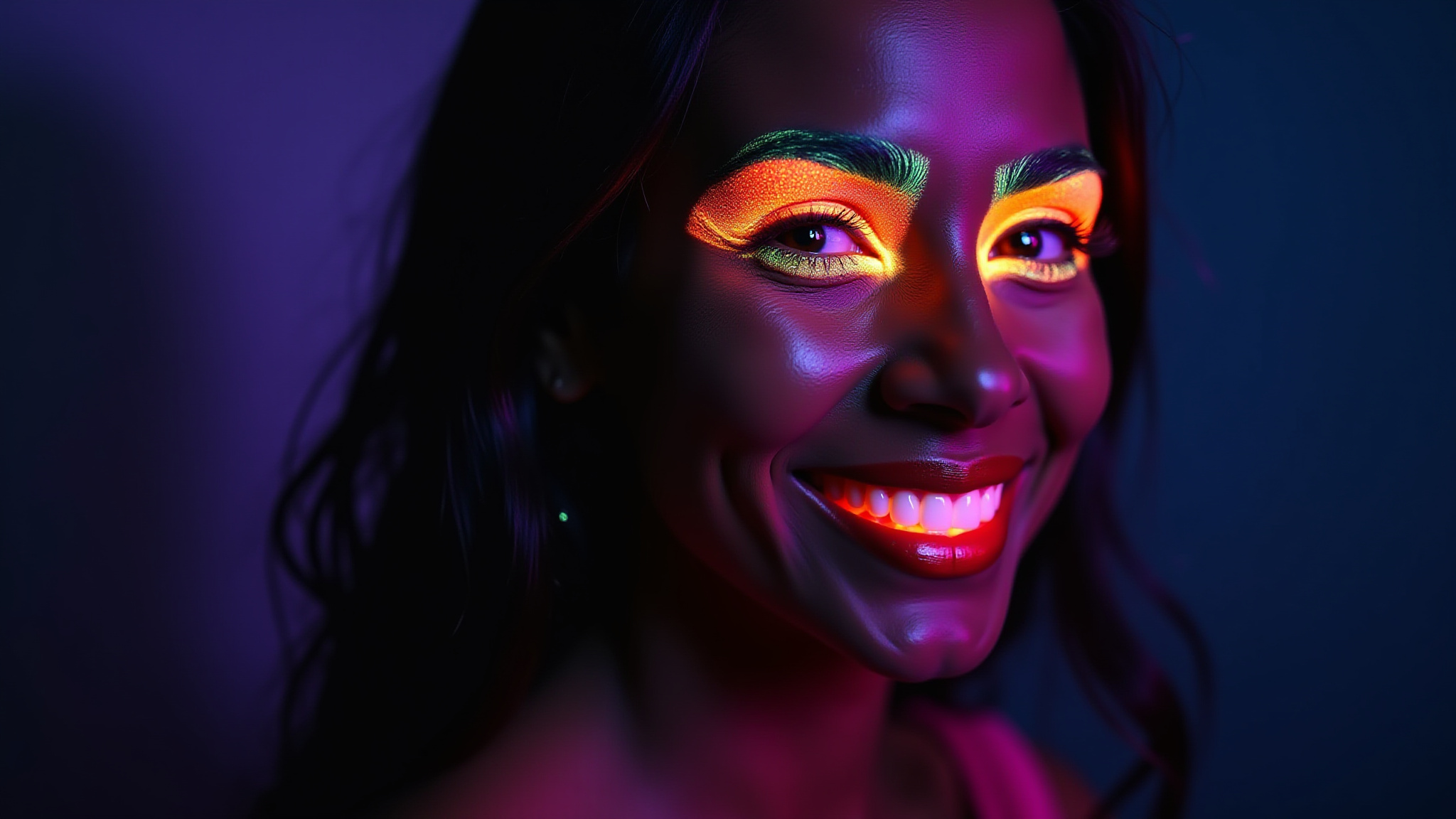 Mulher brasileira com maquiagem neon vibrante em balada.