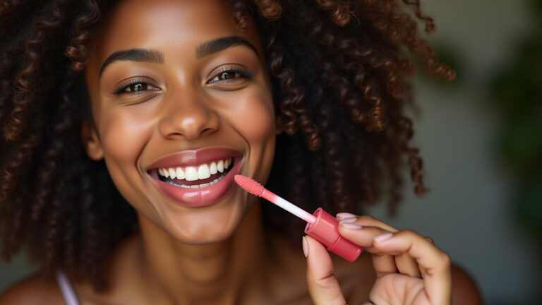 Mulher aplicando gloss labial vibrante e brilhante.