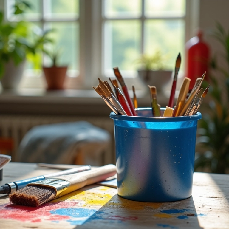 Ferramentas de pintura ao lado de balde de fixador mineral, economizando tinta.