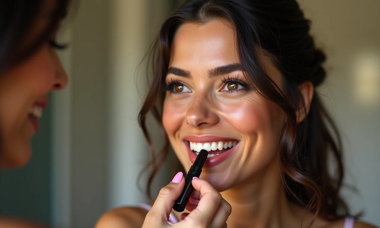 Finalização da maquiagem com batom e máscara de cílios.