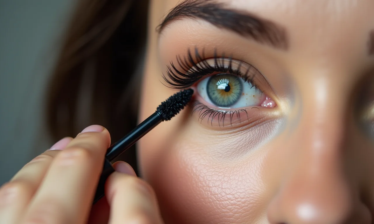 Finalizando o look com máscara de cílios.