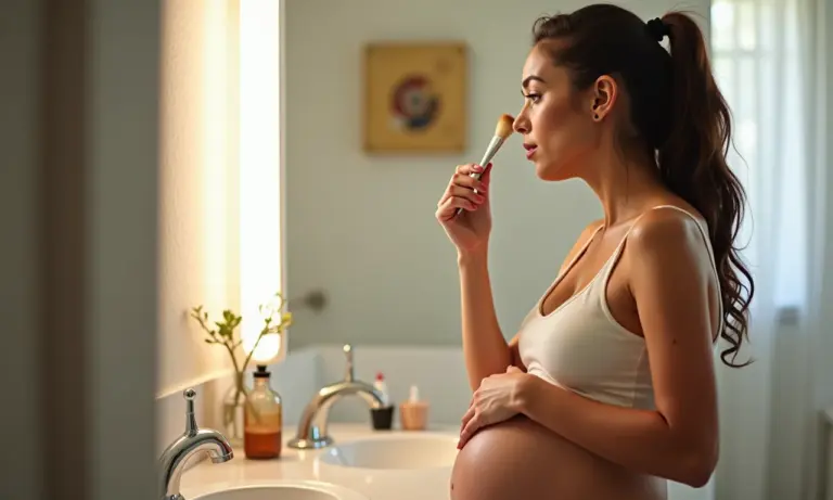 Gestante aplicando maquiagem suave em banheiro iluminado.