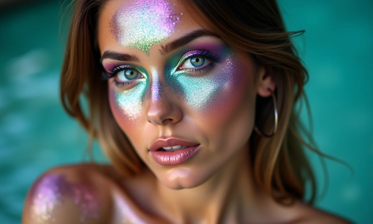 Glitter no rosto e corpo na maquiagem de sereia.