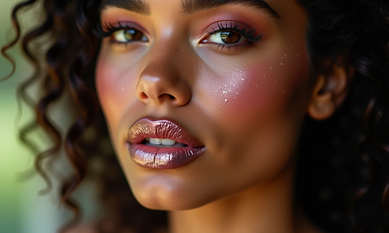 Gloss labial com glitter em lábios de mulher brasileira.