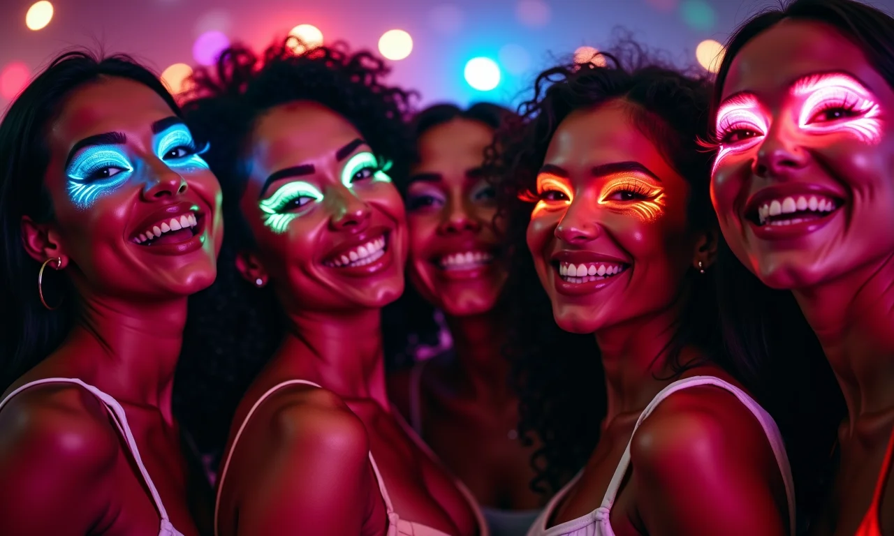 Grupo de brasileiras com delineador neon em festa.