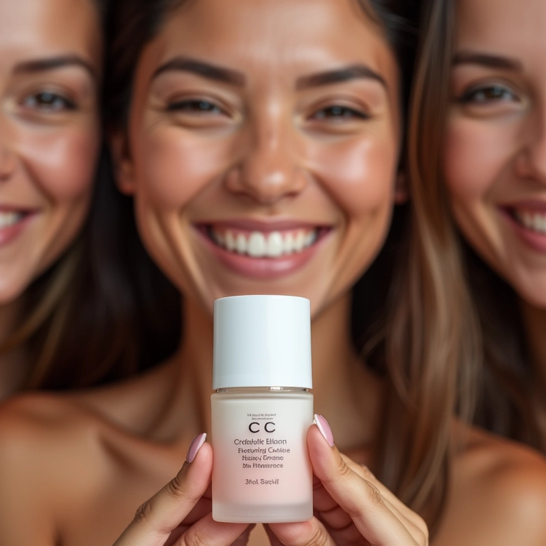 Grupo diverso de mulheres sorrindo e segurando o CC Cream, enfatizando ser ideal para todos os tipos de pele.