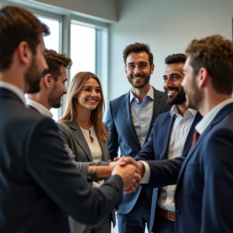 Grupo diverso de profissionais comemorando sucesso, apertando as mãos e sorrindo.