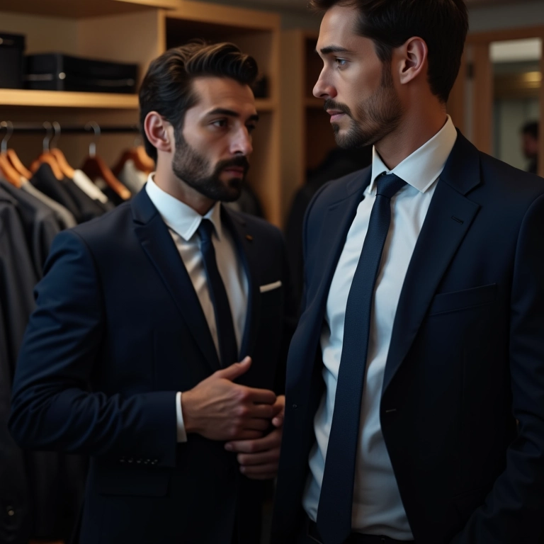 Homem escolhendo roupa profissional do armário, aparentando elegância e confiança.