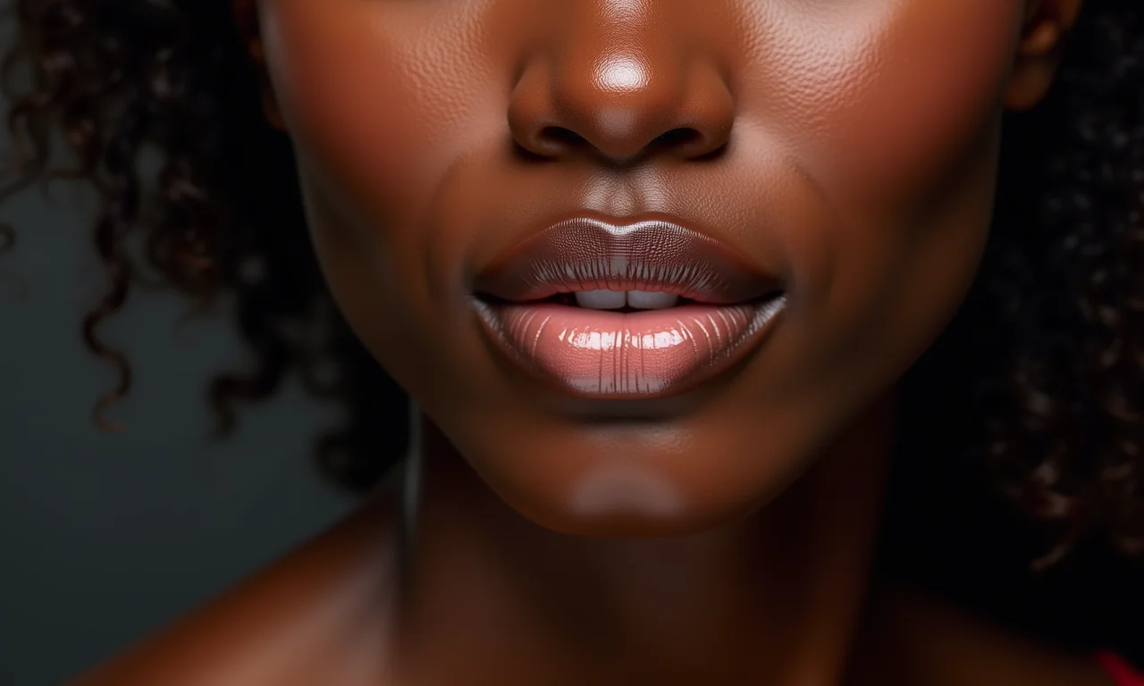 Iluminação realçando a cor do batom nude em pele negra.