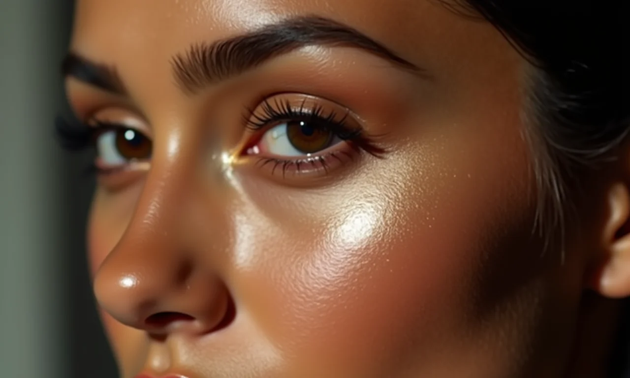 Iluminador em pele morena radiante.