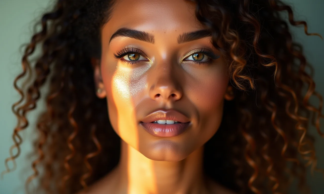 Iluminador forte no rosto de mulher brasileira, maquiagem Y2K.