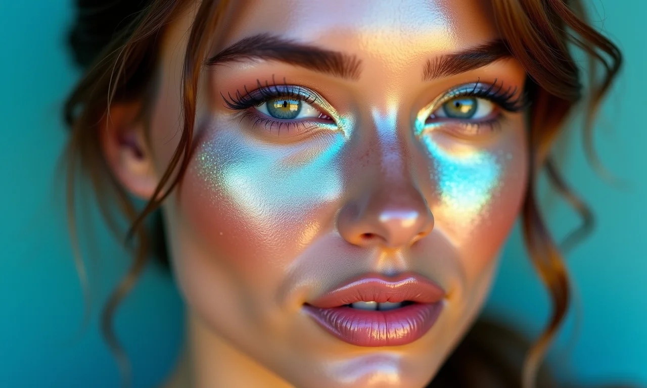 Iluminador furta-cor para maquiagem de sereia, com brilho intenso e luminoso.