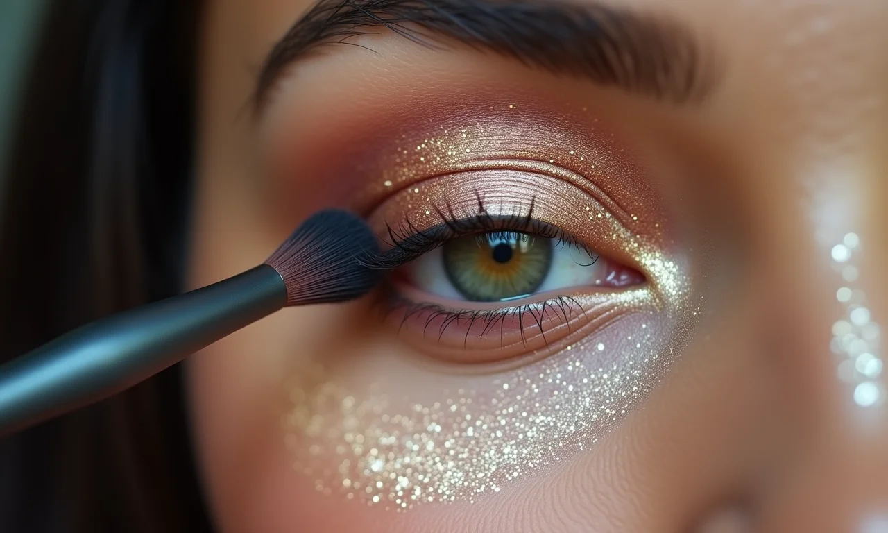 Influenciadora aplicando sombras cintilantes nos olhos.