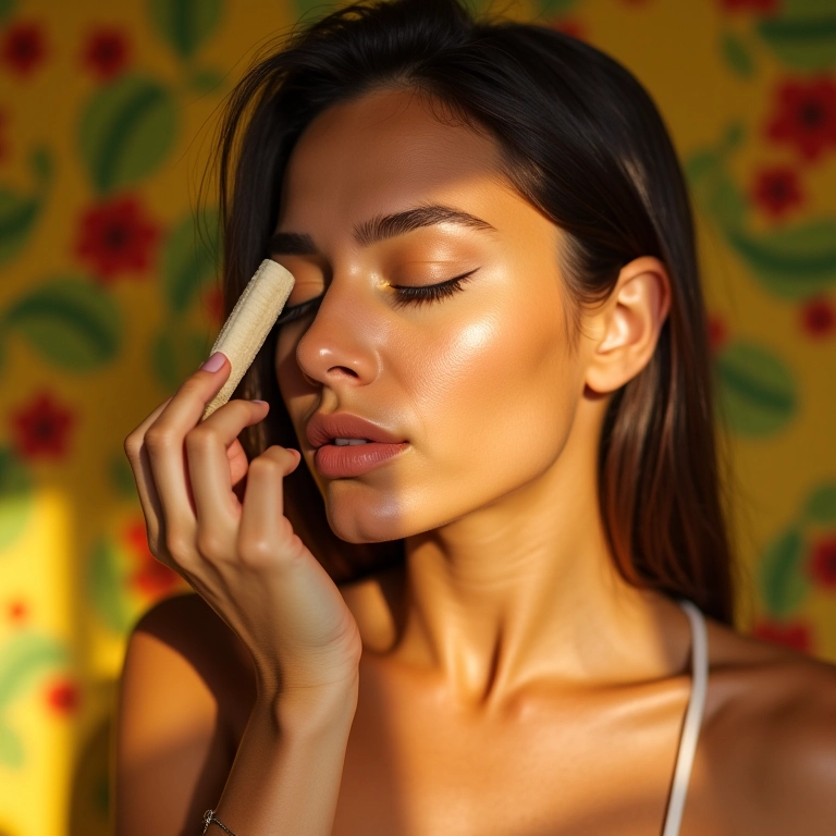 Jovem aplicando pó banana para iluminar e corrigir olheiras.