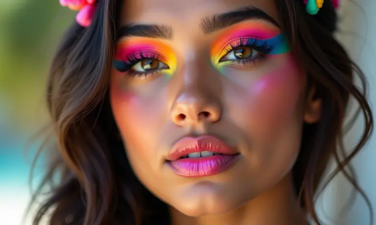 Jovem brasileira com maquiagem e-girl colorida e vibrante.