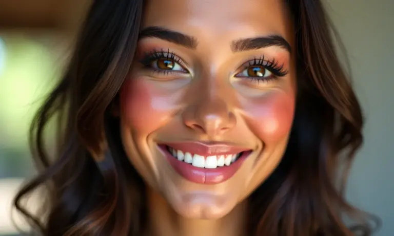 Jovem brasileira sorrindo com maquiagem de boneca impecável.