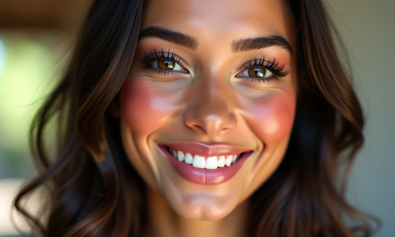 Jovem brasileira sorrindo com maquiagem de boneca impecável.