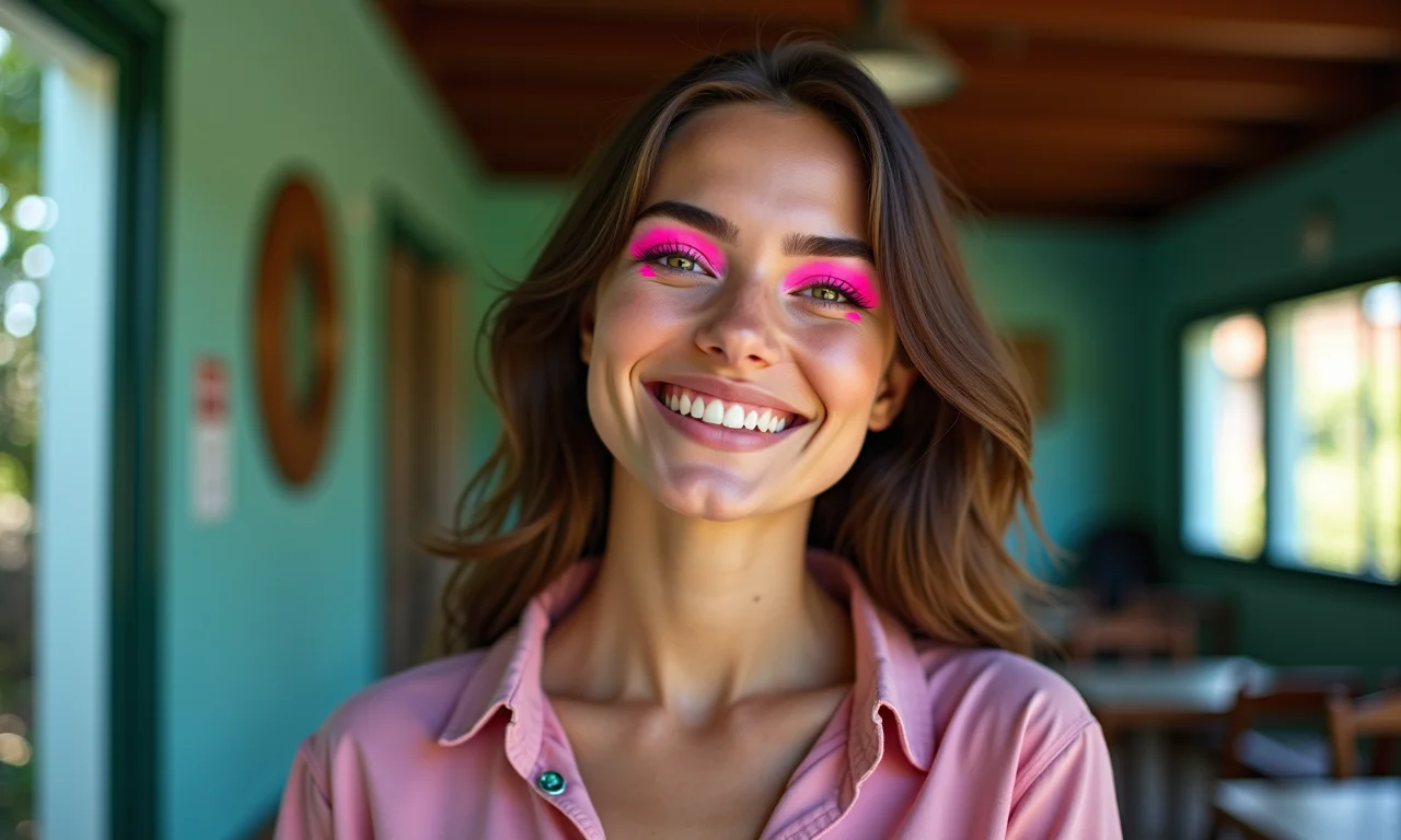 Jovem com delineado gatinho rosa neon.