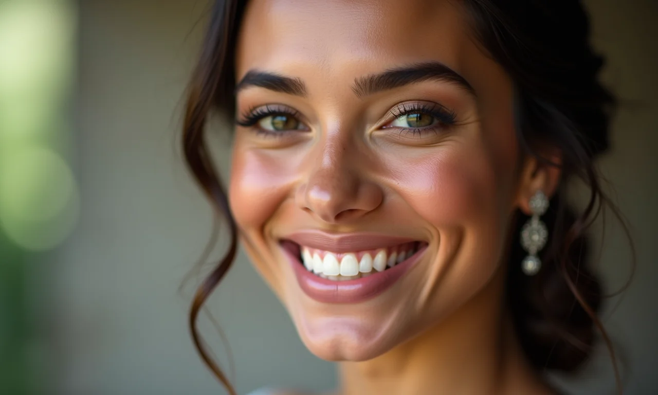 Jovem debutante brasileira com maquiagem impecável sorrindo.