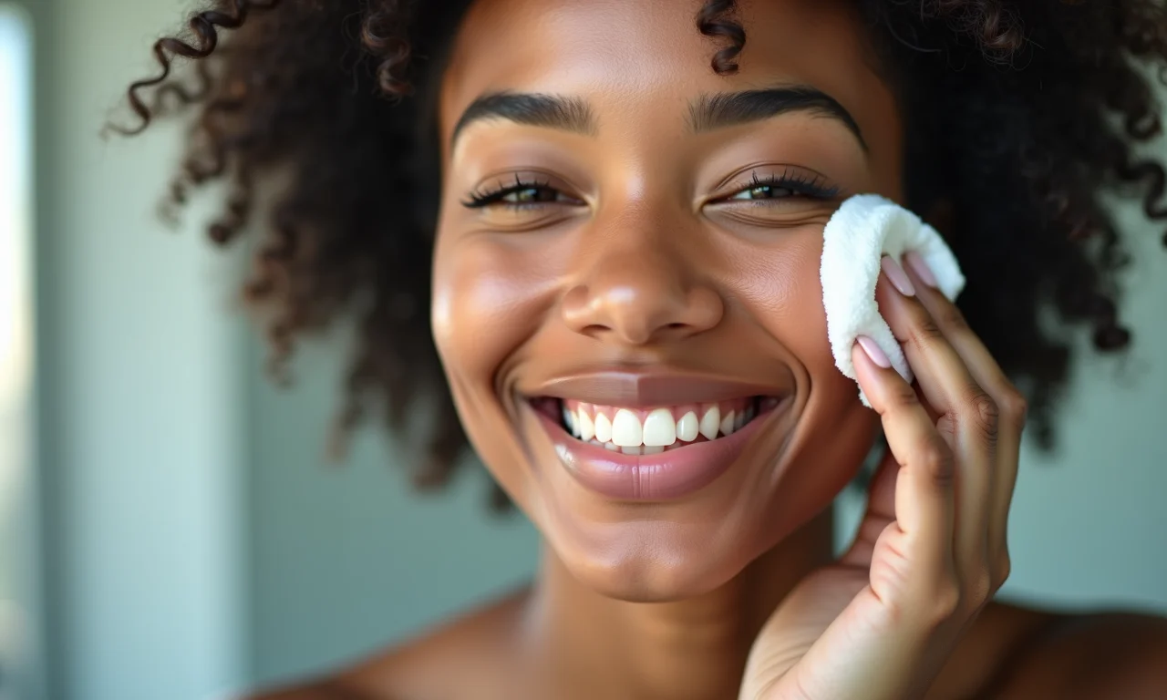 Jovem mulher limpando o rosto com produto suave, pele saudável e radiante.