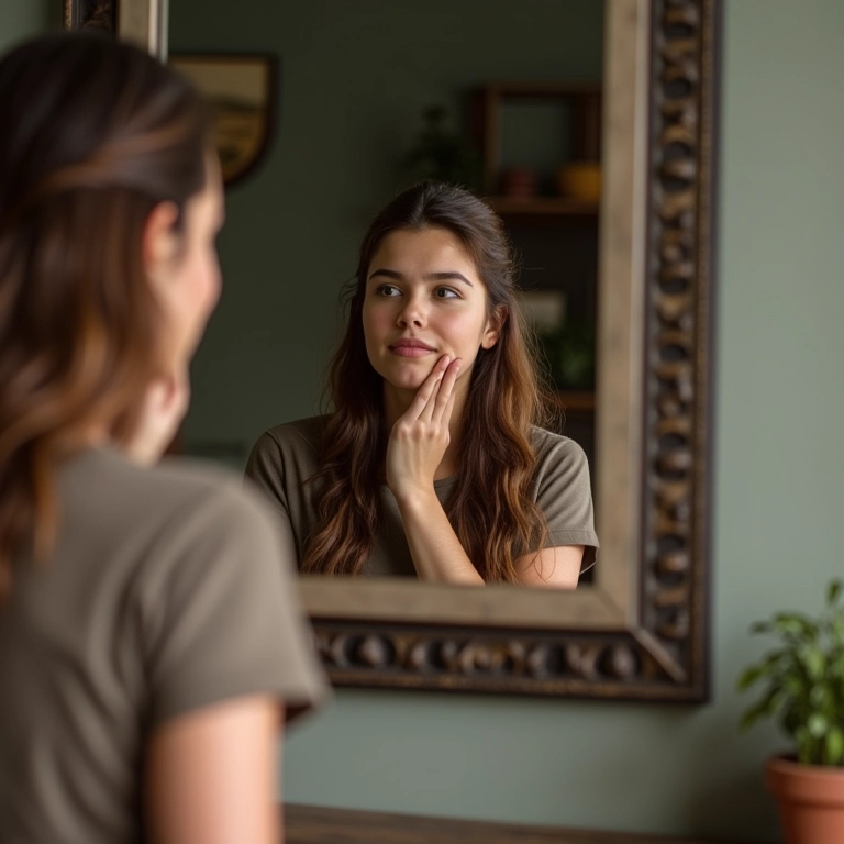 Jovem profissional se olhando no espelho, refletindo sobre seus pontos fortes e fracos.