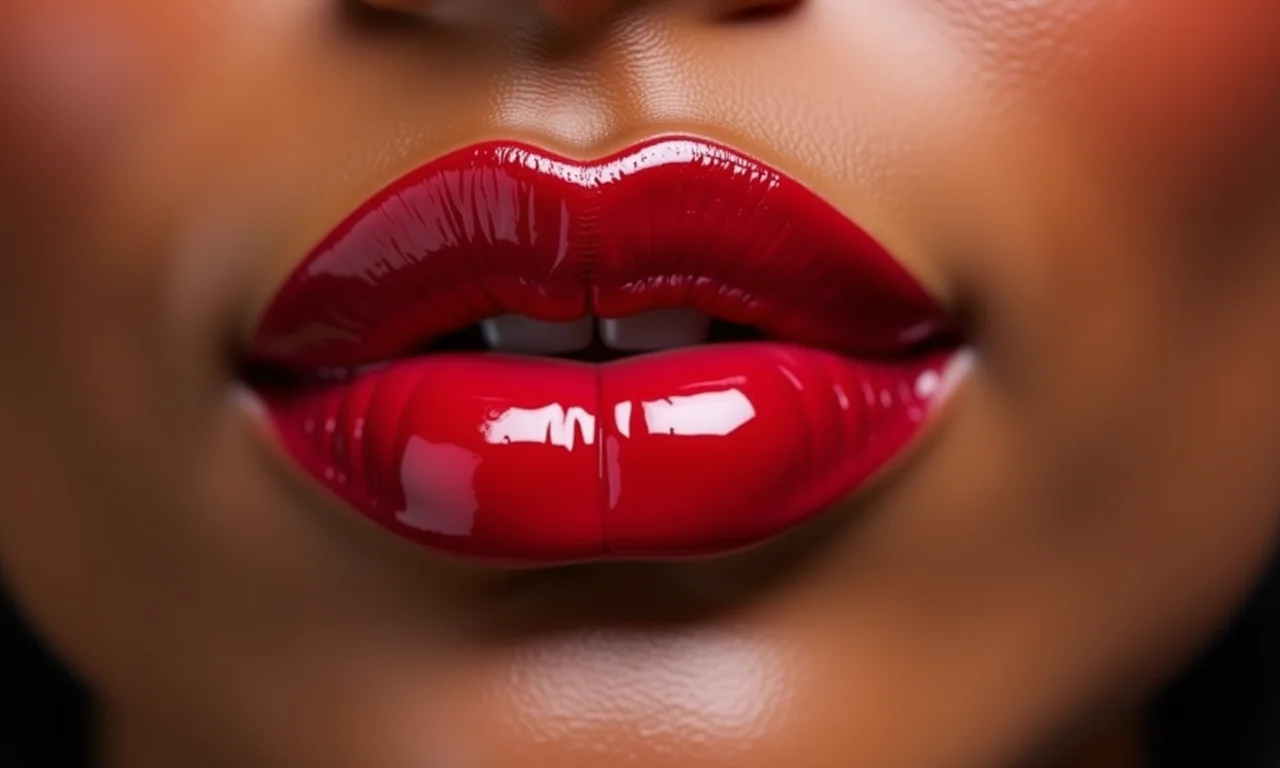 Lábios carnudos com gloss efeito volume, pele radiante.