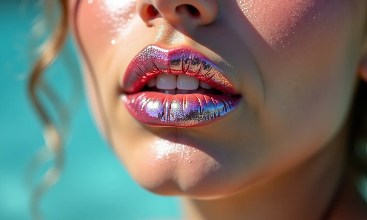 Lábios cintilantes e hidratados para maquiagem de sereia, com gloss labial iridescente.