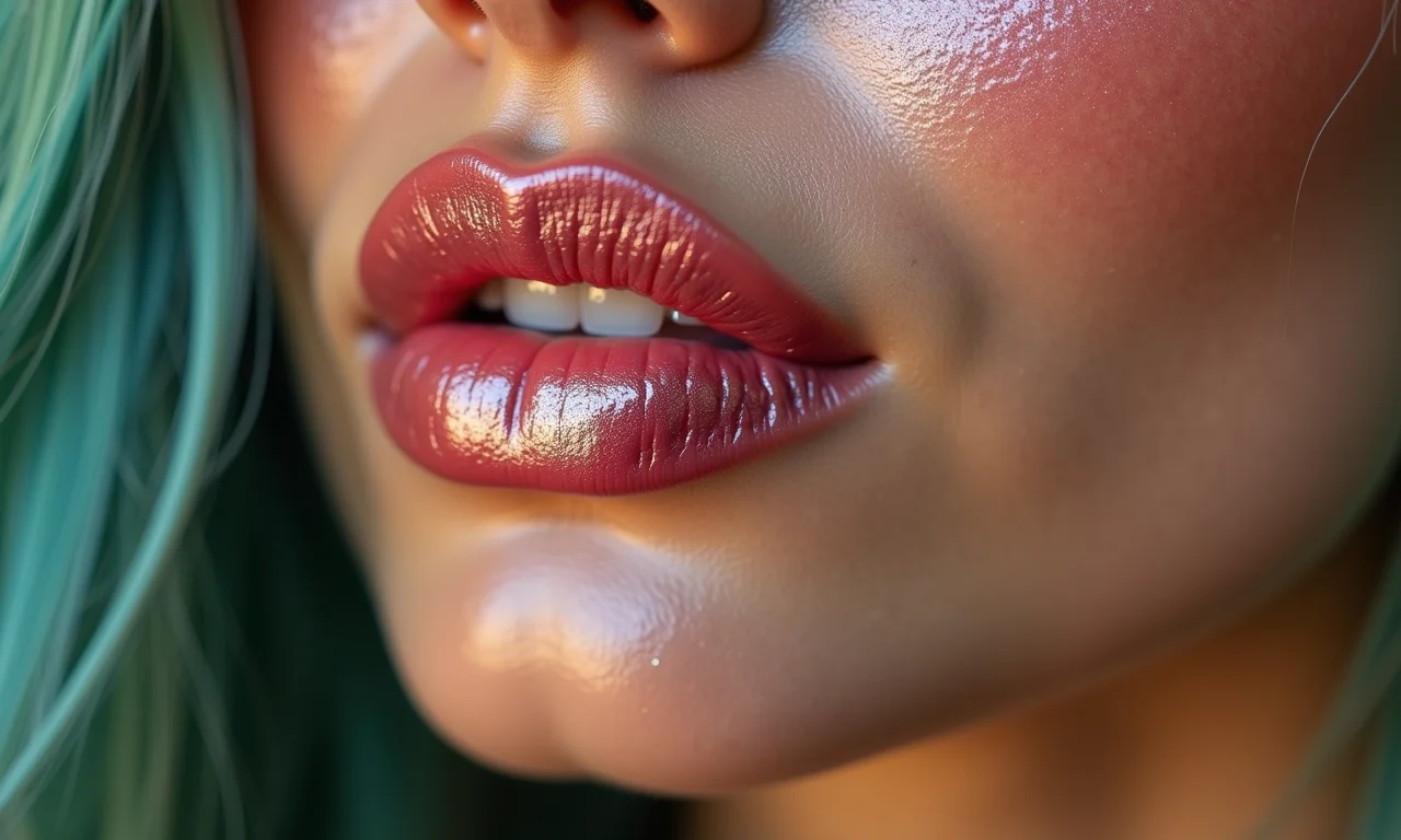 Lábios com gloss cintilante na maquiagem de sereia urbana.