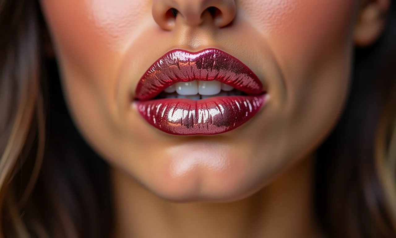 Lábios com gloss e glitter, tendência de maquiagem Y2K.