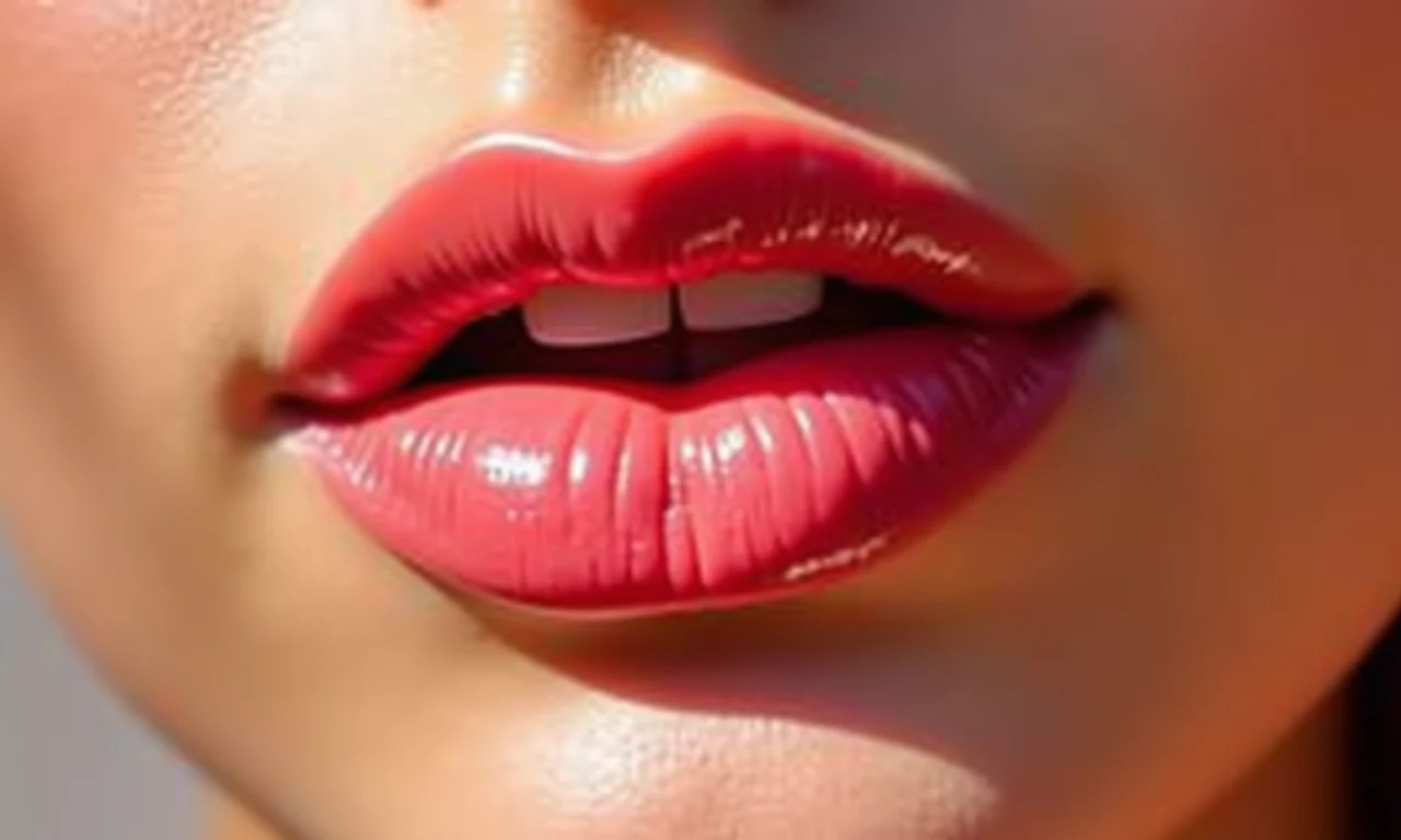 Lábios hidratados e corados com um brilho suave.