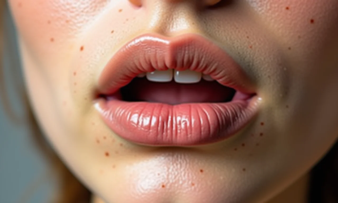 Lábios naturais com batom nude e sardas.