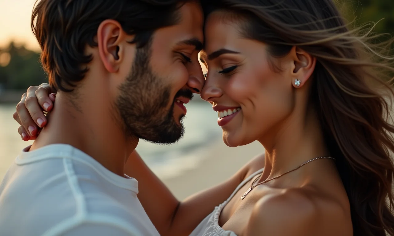 Lábios nude e look romântico para ensaio de casal.