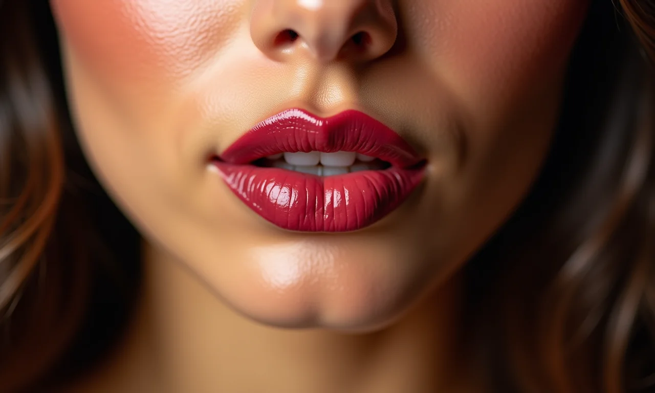 Lábios românticos com gloss ou batom cremoso e maquiagem coquette.