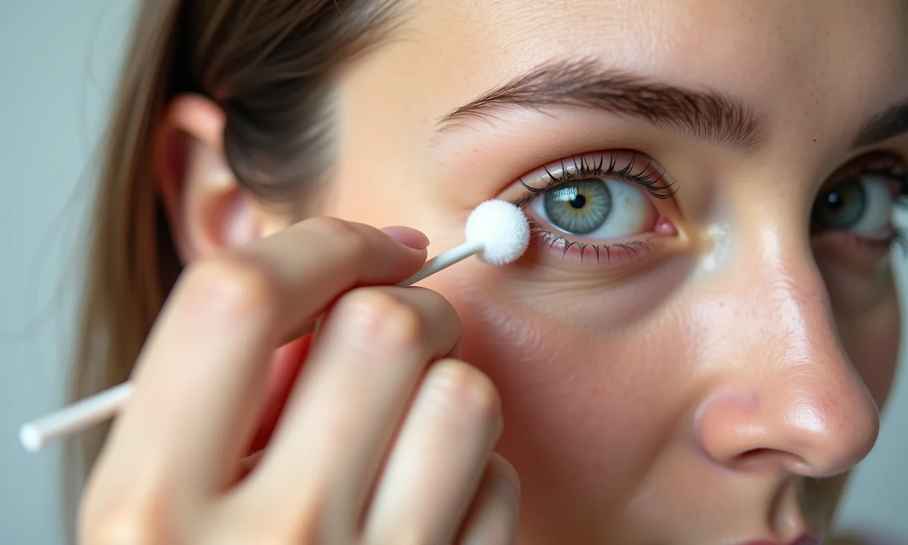 Limpando o canto externo com cotonete.