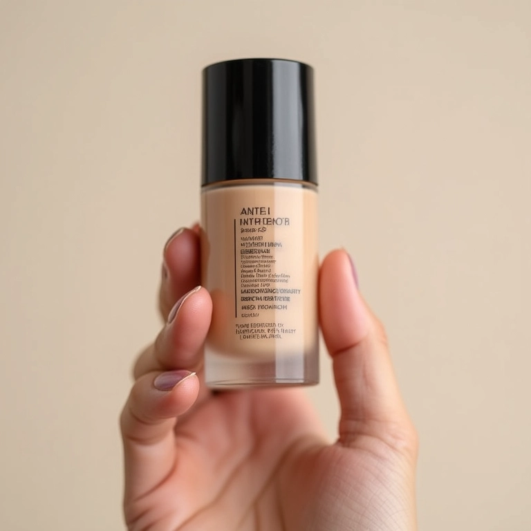 Lista de ingredientes de uma base não comedogênica sendo verificada.