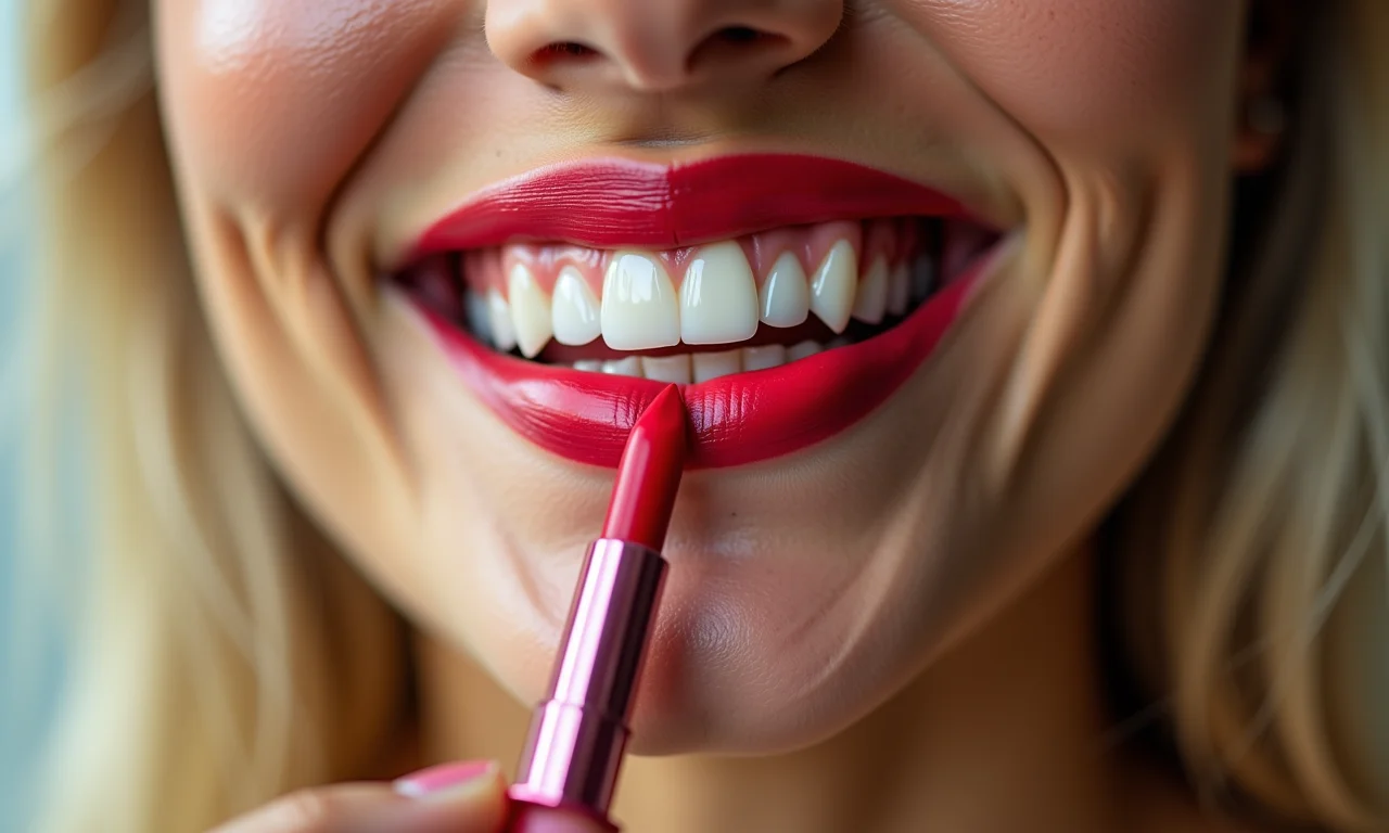 Loira aplicando batom vermelho vibrante.