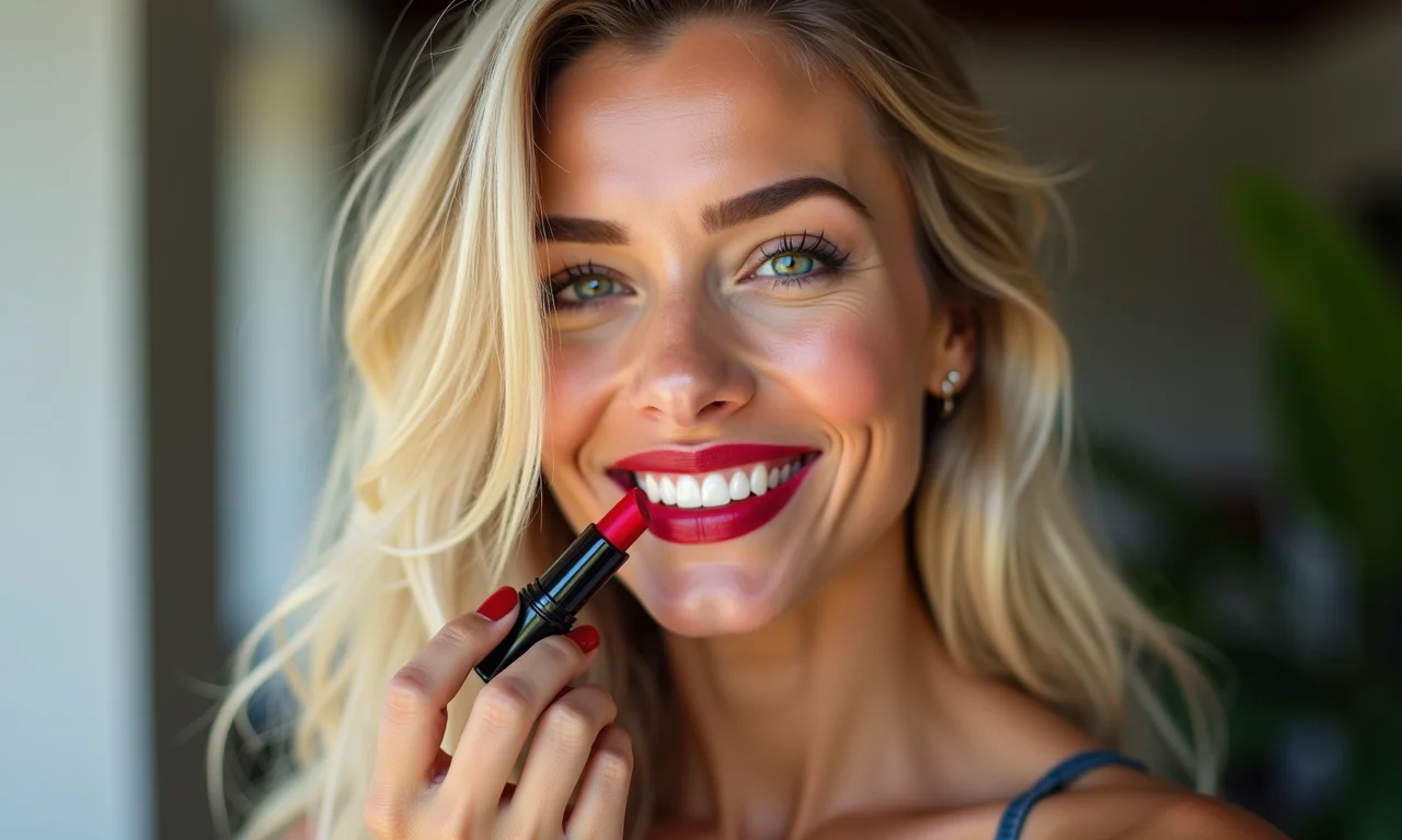 Loiras de pele morena clara com batom vermelho.