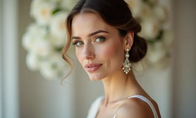 Madrinha com maquiagem discreta para batizado, tons neutros e batom nude.