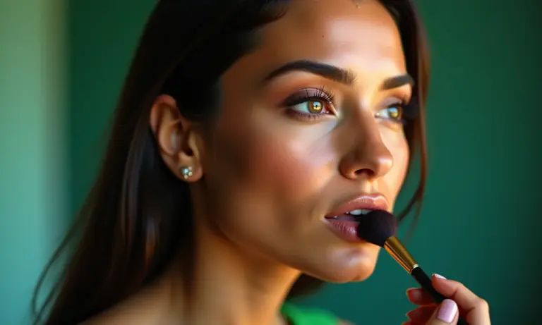 Madrinha de casamento com vestido verde exuberante aplicando maquiagem elegante.