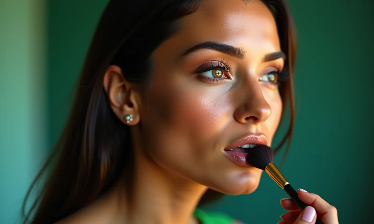 Madrinha de casamento com vestido verde exuberante aplicando maquiagem elegante.