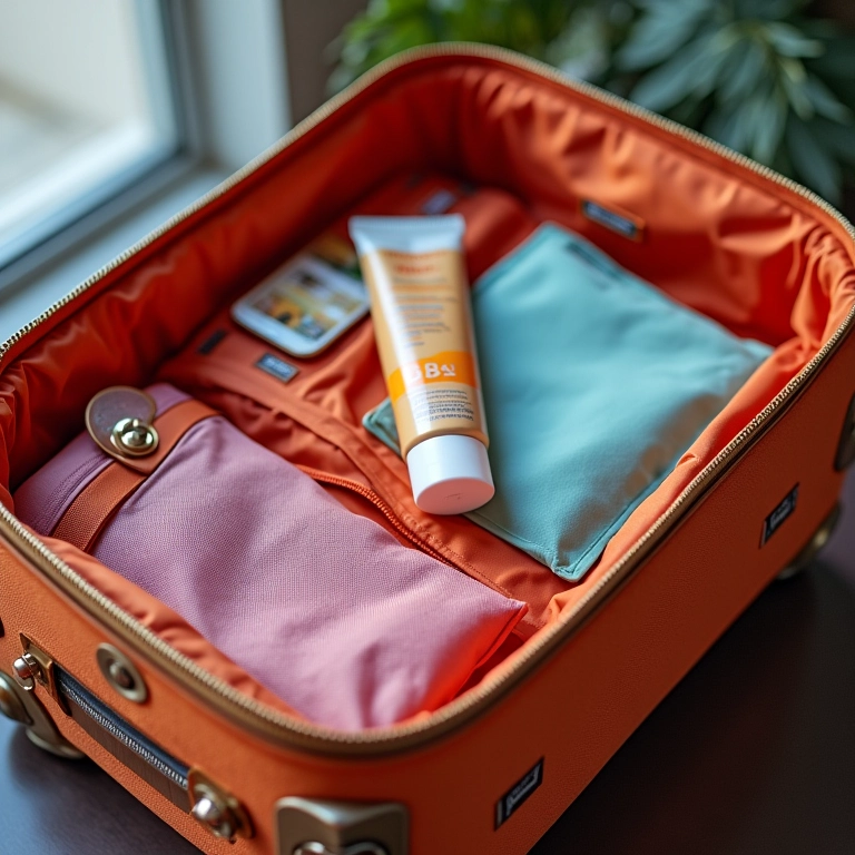 Mala de viagem aberta com BB cream.