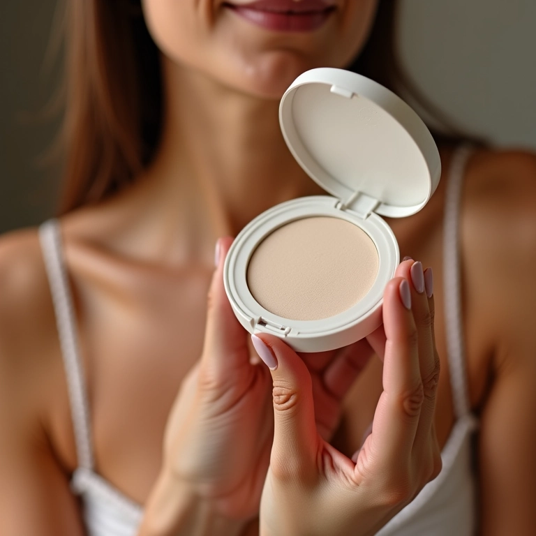 Mão aplicando pó compacto com pincel para um acabamento natural.